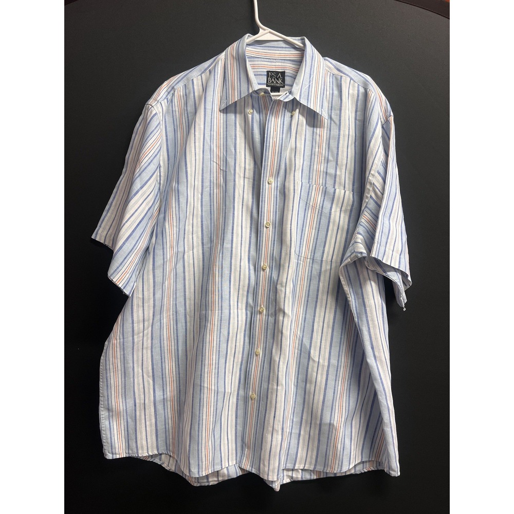 Jos A Bank 100 % Linen Shirt Men's Size XL Check White Blue Travelled Collection